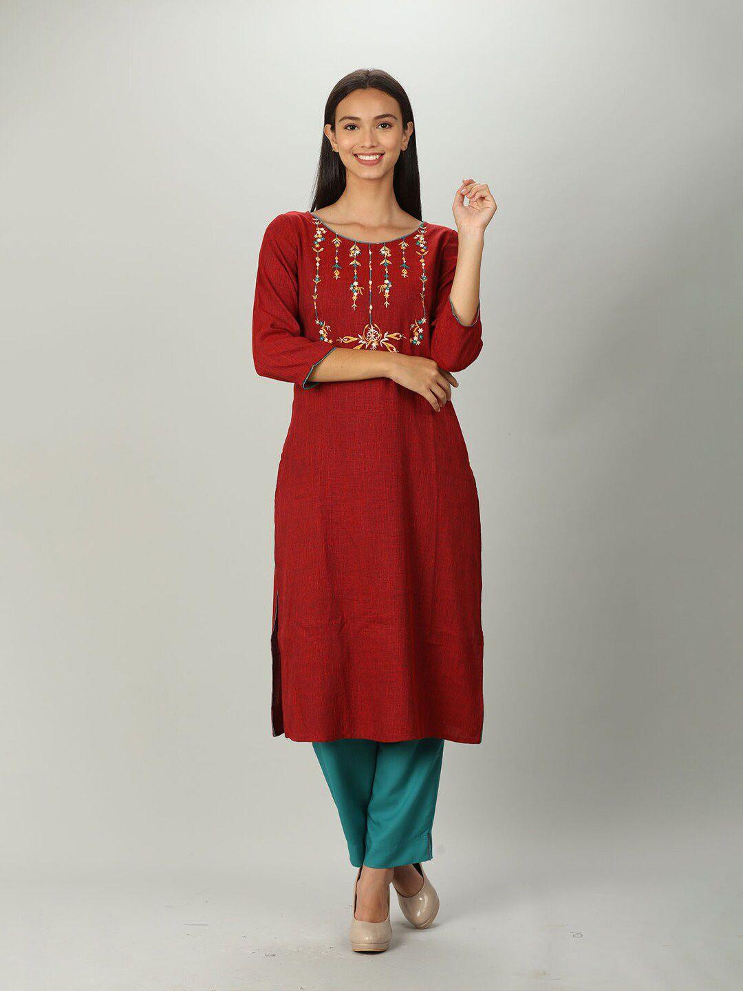 mustard women red & green embroidered straight kurta