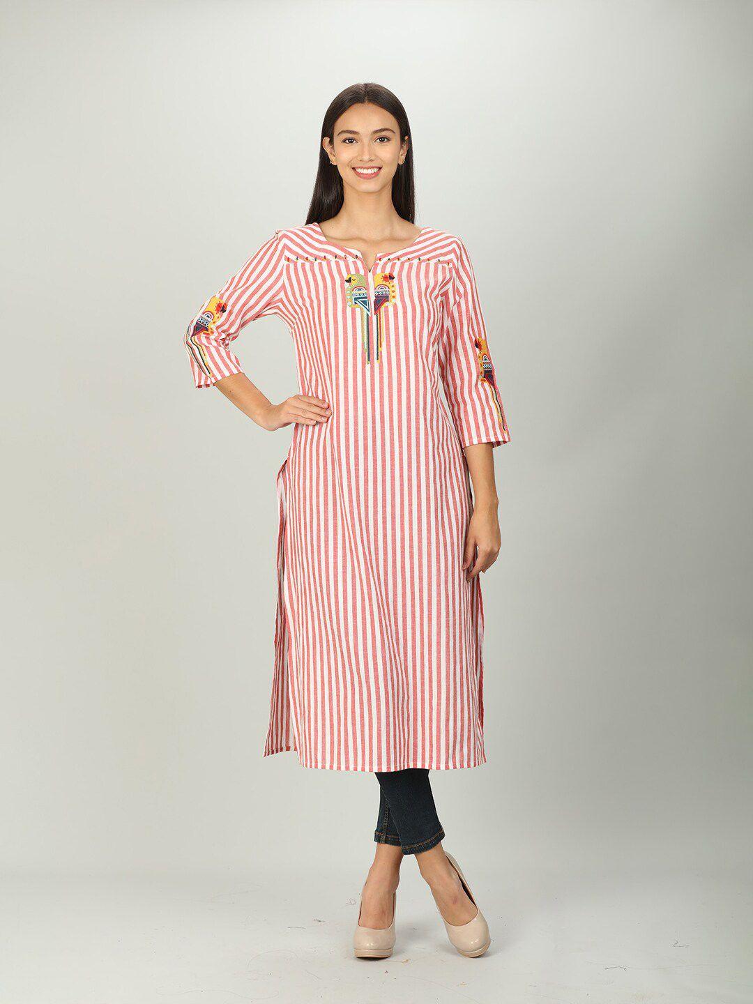 mustard women red & white striped thread work kurta