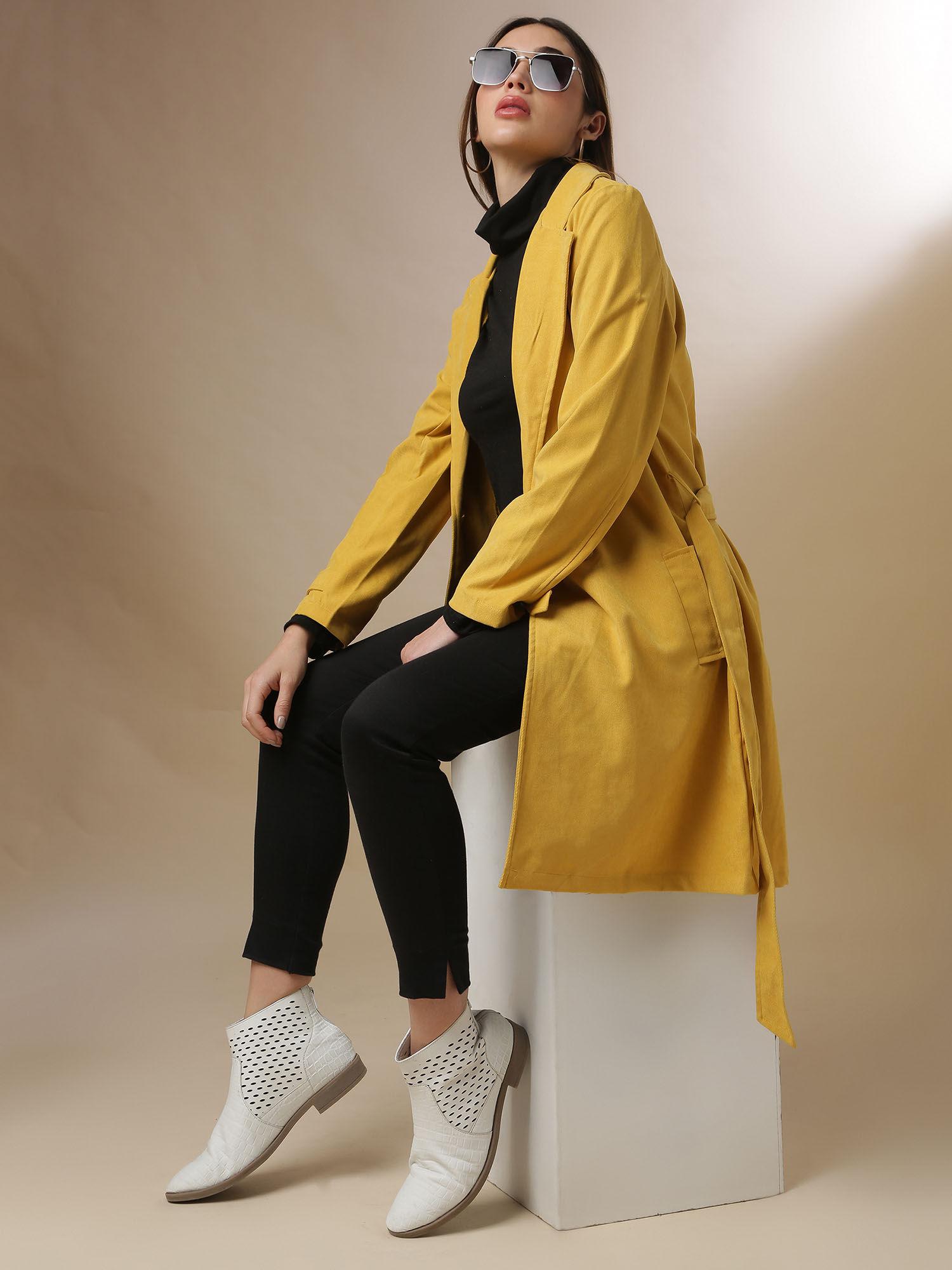 mustard women solid stylish long coat