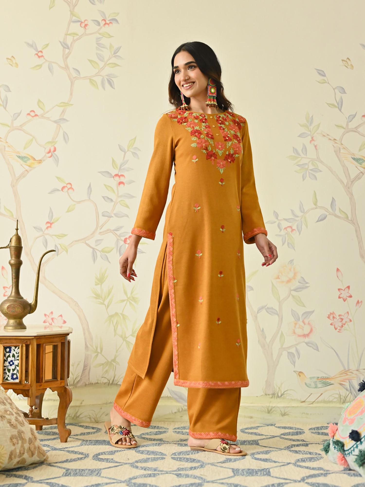 mustard woollen aari embroidered floral kurta