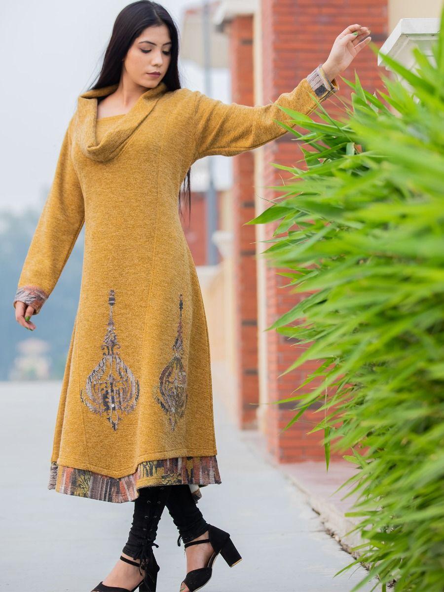 mustard woollen kurti with patchwork