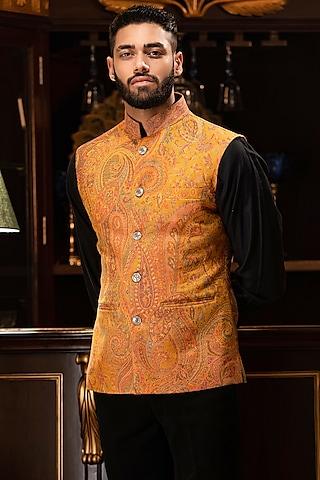 mustard woven jacquard nehru jacket