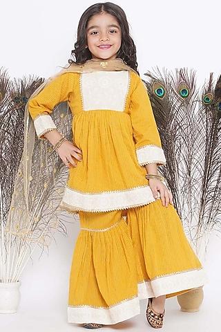 mustard yellow & cream cotton embroidered sharara set for girls
