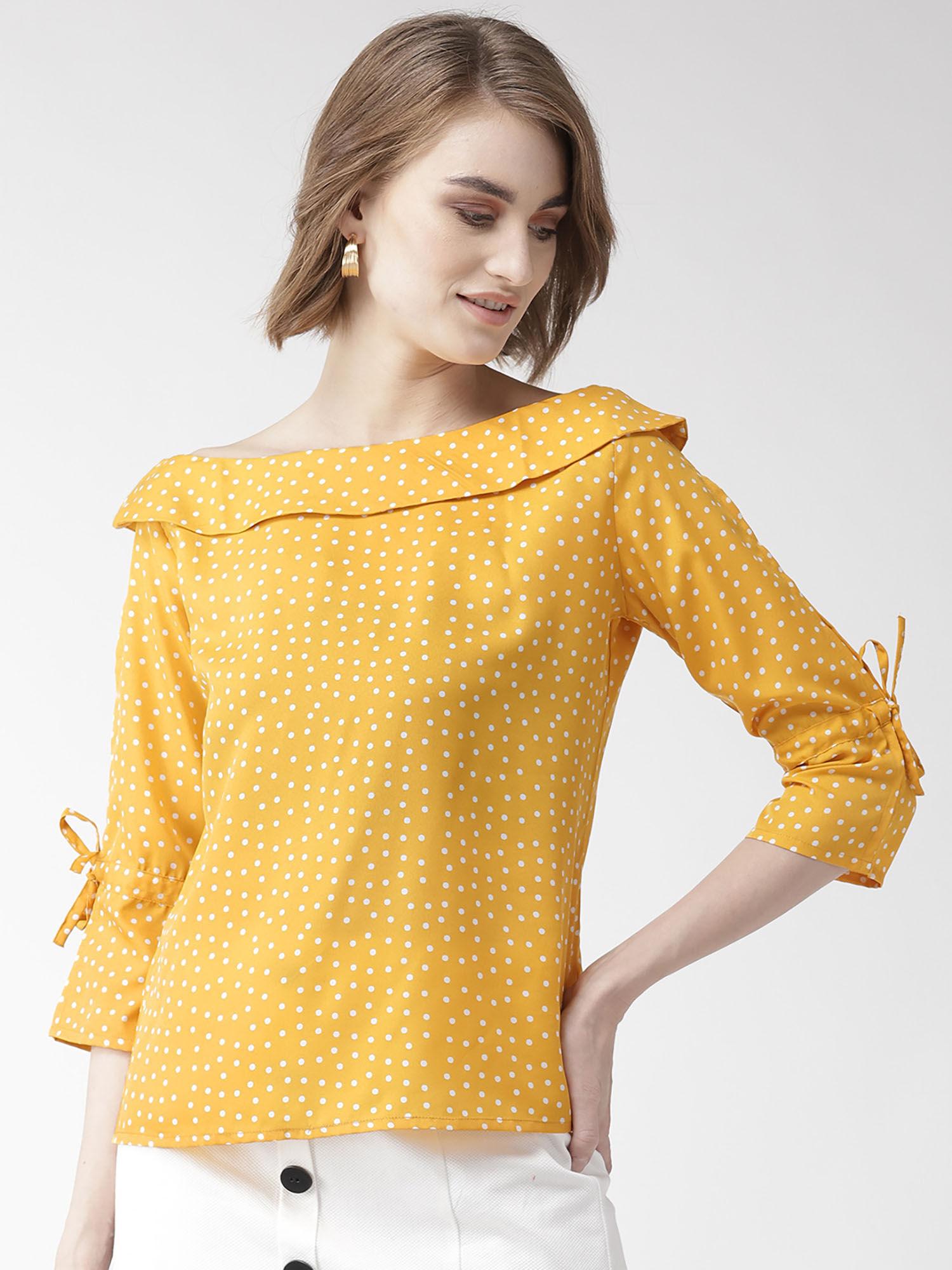 mustard yellow & white polk dot print bardot top