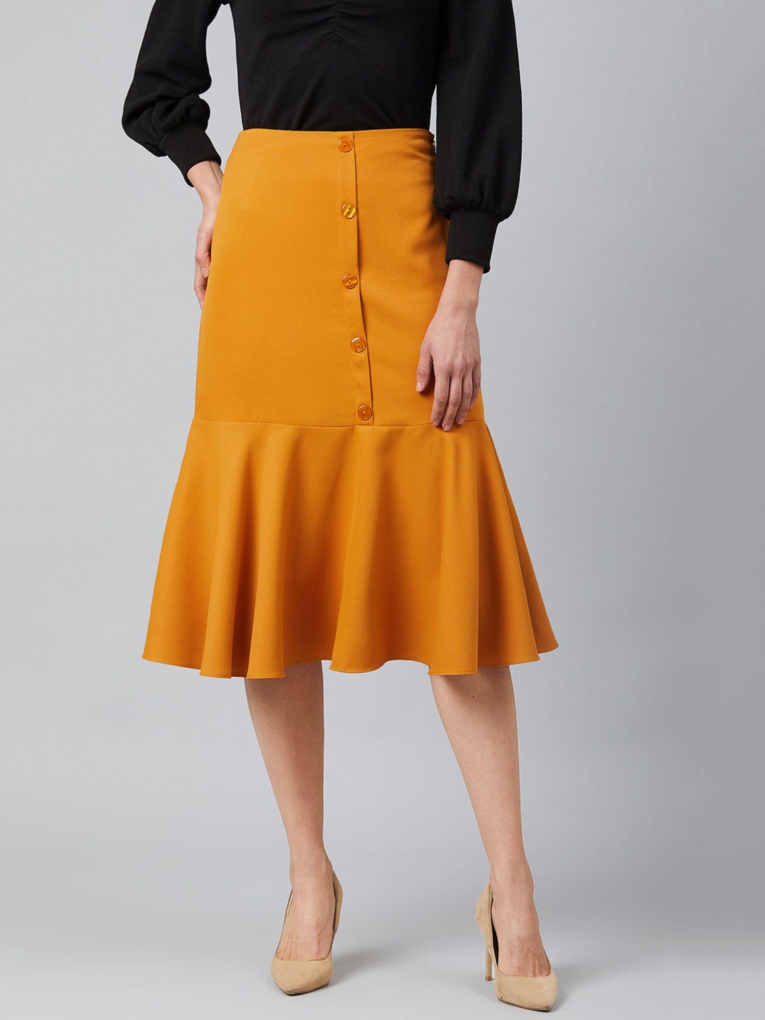 mustard-yellow a-line midi skirt