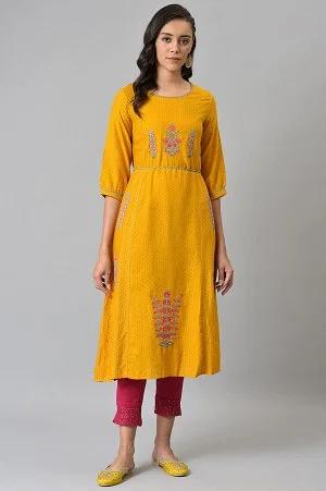 mustard yellow a-line printed kurta with embroidery