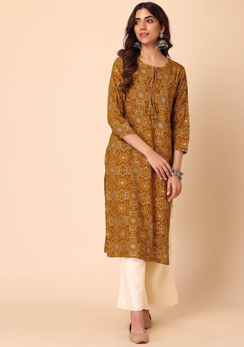 mustard yellow ajrakh print rayon kurta