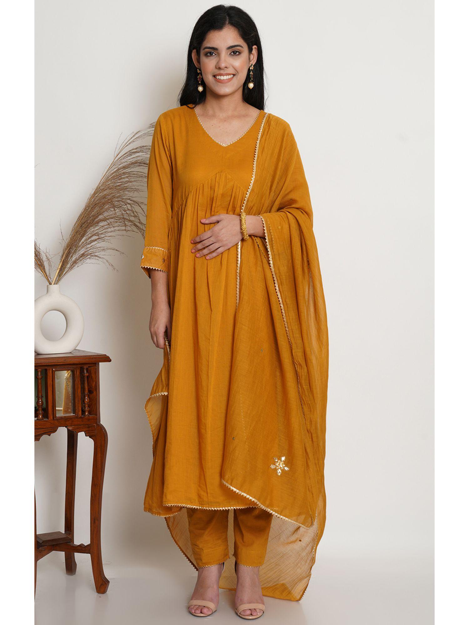 mustard yellow anarkali kurta with pant and dupatta (set of 3)