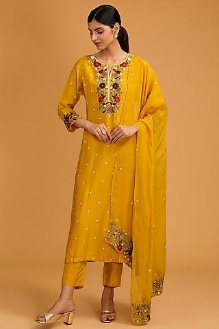 mustard yellow bamberg silk floral embroidered straight kurta set