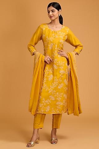 mustard yellow bamberg silk thread embroidered straight kurta set