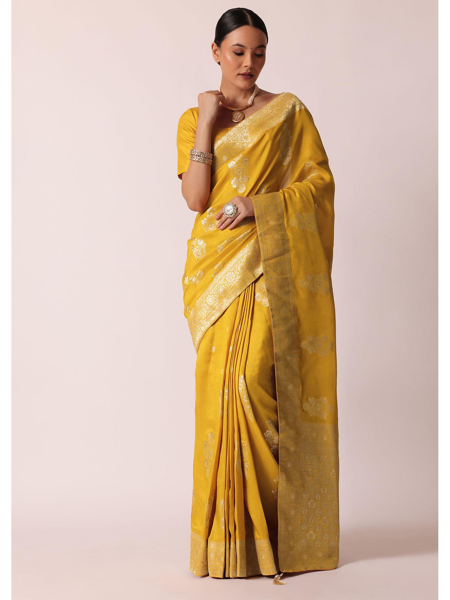 mustard yellow banarasi silk zari floral motifs saree with unstitched blouse