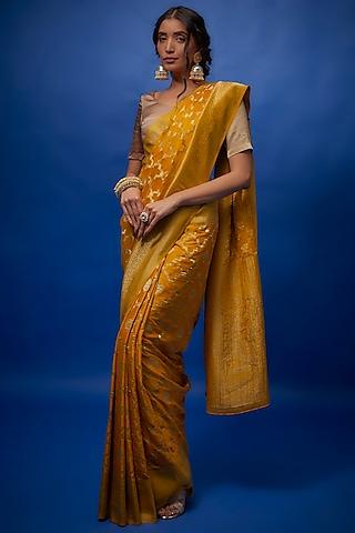 mustard yellow brocade banarasi saree set