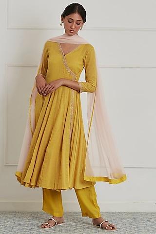 mustard yellow chanderi anarkali set