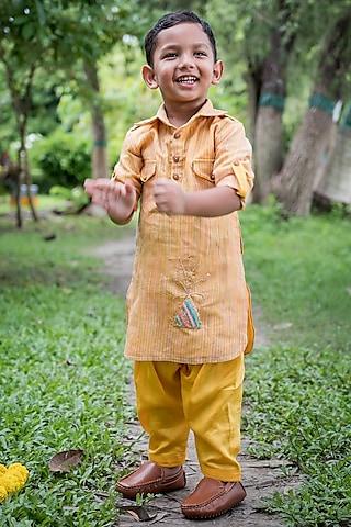 mustard yellow chanderi cotton embroidered kurta set for boys