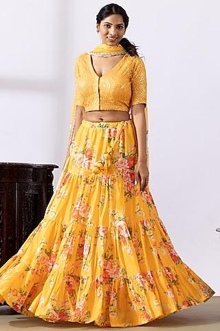 mustard yellow chanderi digital printed lehenga set