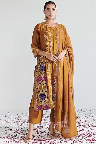 mustard yellow chanderi embroidered kurta set