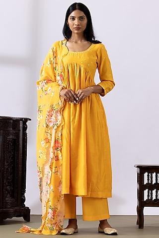 mustard yellow chanderi hand embroidered anarkali set