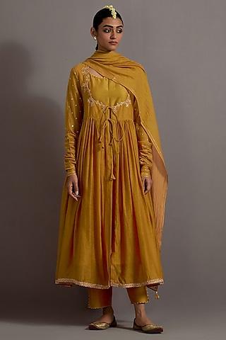 mustard yellow chanderi hand embroidered gathered anarkali set