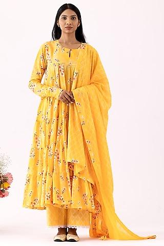 mustard yellow chanderi printed & hand embroidered anarkali set