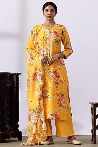 mustard yellow chanderi printed kurta set