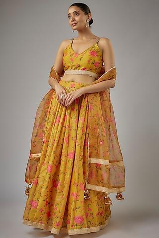 mustard yellow chanderi screen printed & lace embroidered lehenga set