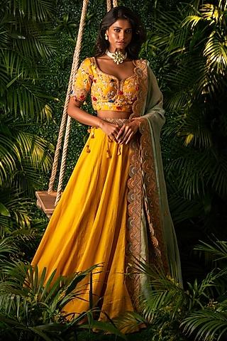 mustard yellow chanderi tissue embellished lehenga set