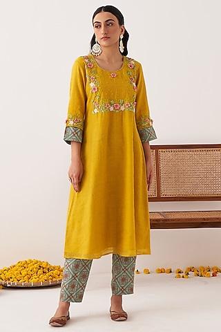 mustard yellow chanderi tissue embroidered kurta set