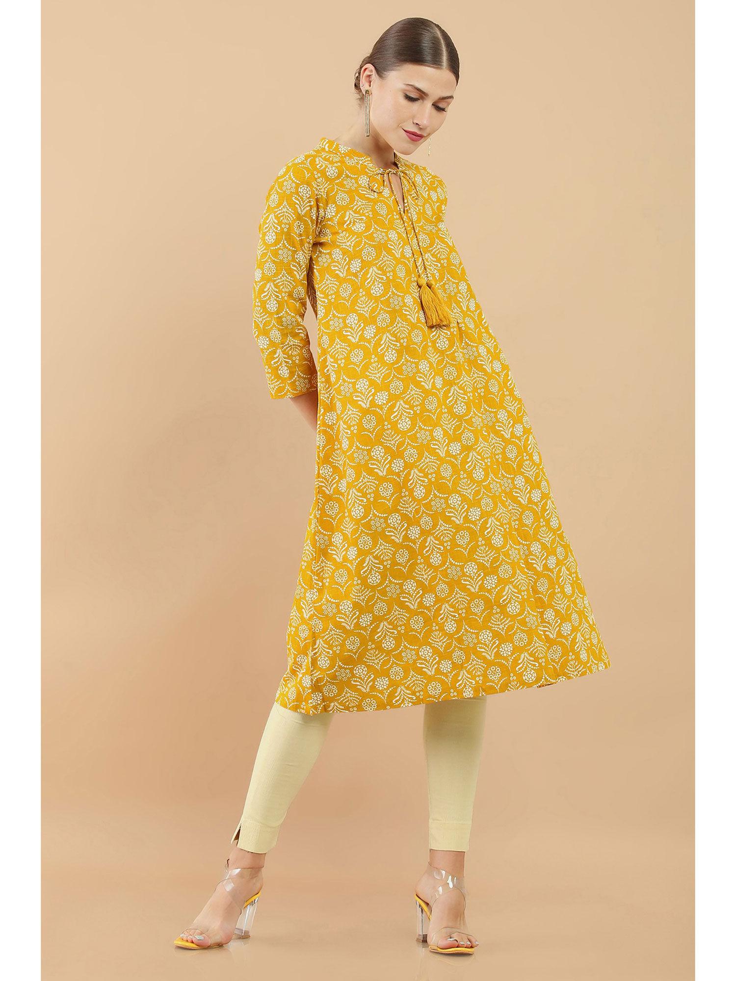 mustard yellow cotton floral print kurta