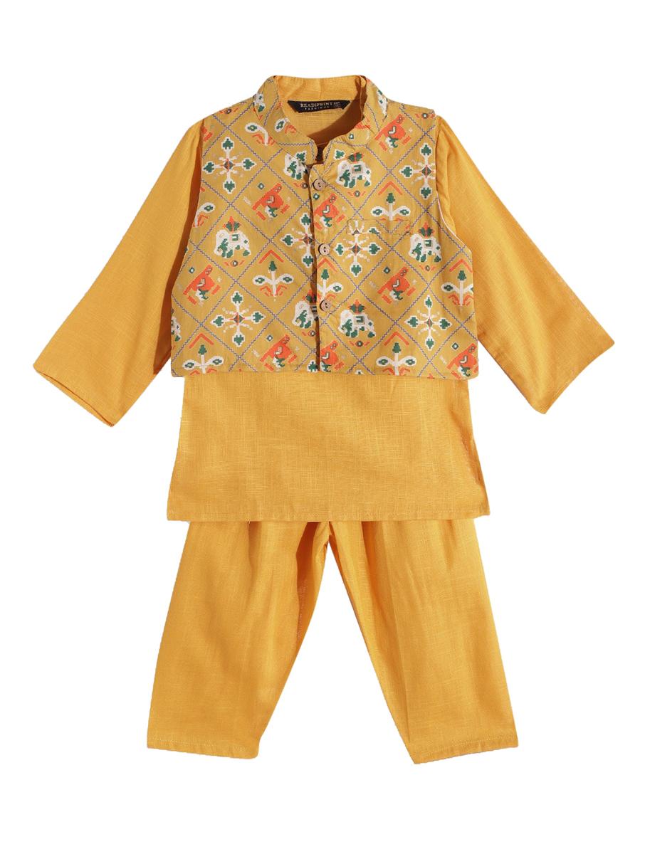 mustard yellow cotton nehru jacket with kurta and pyjama (set of 3)