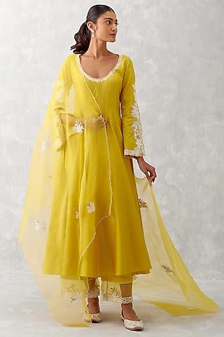 mustard yellow cotton silk blend embroidered anarkali set
