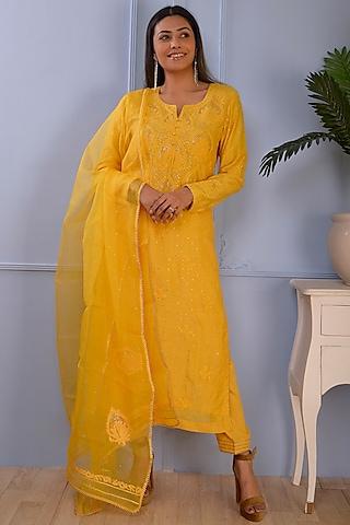 mustard yellow cotton silk kurta set