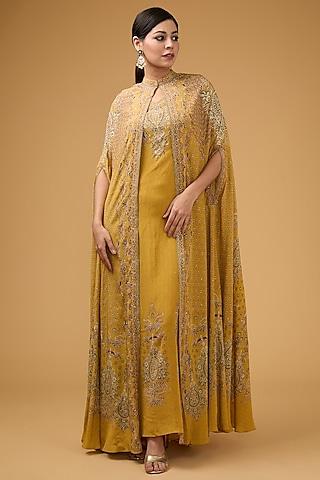 mustard yellow crepe printed & embroidered cape set