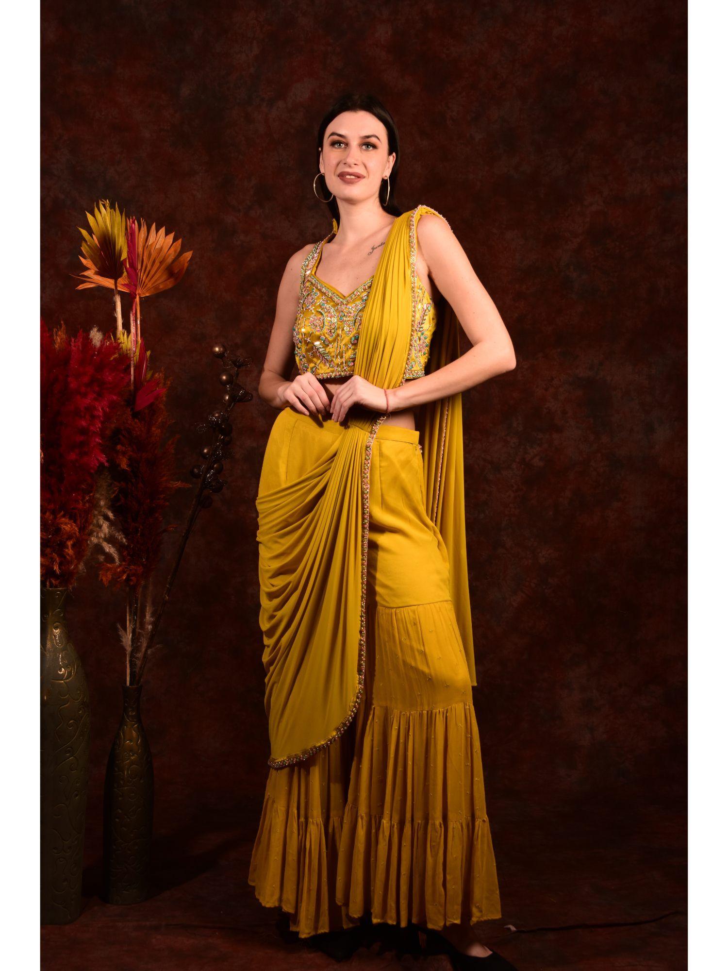 mustard yellow crop top with sharara saree