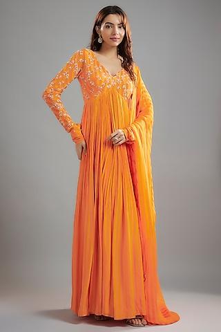 mustard yellow-dark orange pure crepe floral jaal embroidered anarkali set