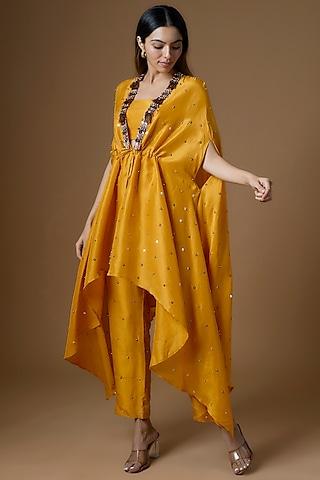 mustard yellow dupion silk sequins embroidered cape set
