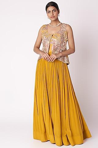 mustard yellow embroidered & printed anarkali with jacket