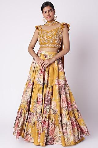 mustard yellow embroidered & printed lehenga set