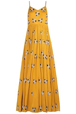 mustard yellow embroidered anarkali gown set