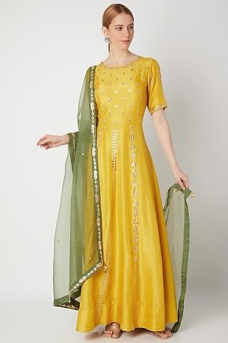 mustard yellow embroidered anarkali gown with dupatta