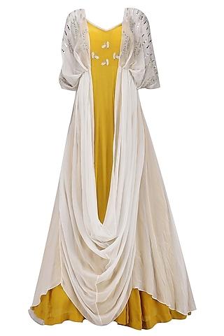 mustard yellow embroidered anarkali gown with ivory kaftan