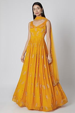 mustard yellow embroidered anarkali with dupatta