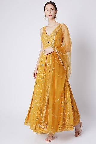mustard yellow embroidered anarkali with dupatta