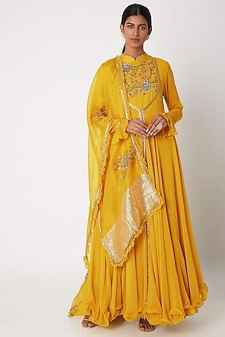 mustard yellow embroidered anarkali with jacket & dupatta