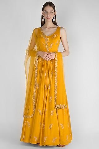 mustard yellow embroidered anarkali with net dupatta