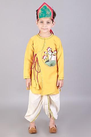 mustard yellow embroidered angrakha kurta set for boys