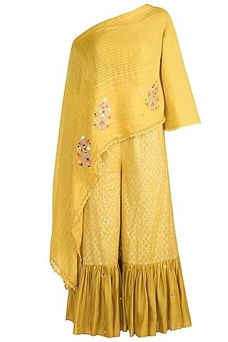 mustard yellow embroidered cape with crop top & pants