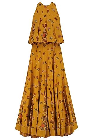 mustard yellow embroidered chintz print lehenga set