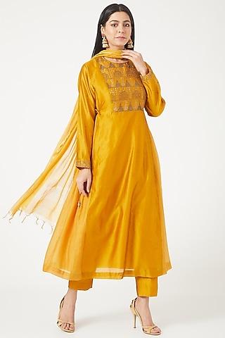 mustard yellow embroidered kurta set