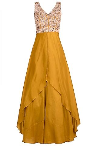 mustard yellow embroidered layered anarkali gown with dupatta