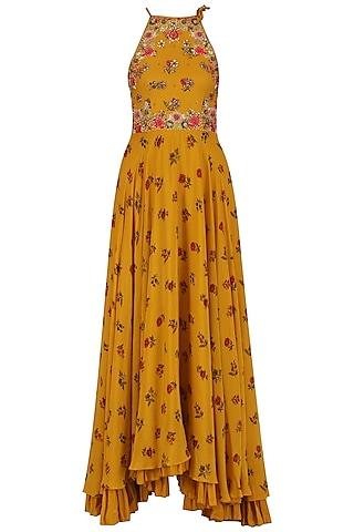 mustard yellow embroidered lotus pond print kalidaar set